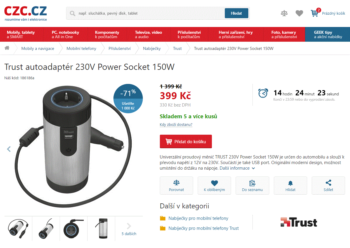 Proudový měnič do auta Trust, 150W