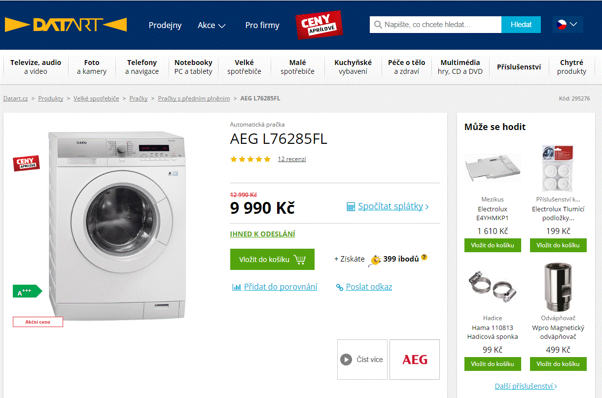 Pračka AEG, 8kg, 1200 ot., pára, A+++