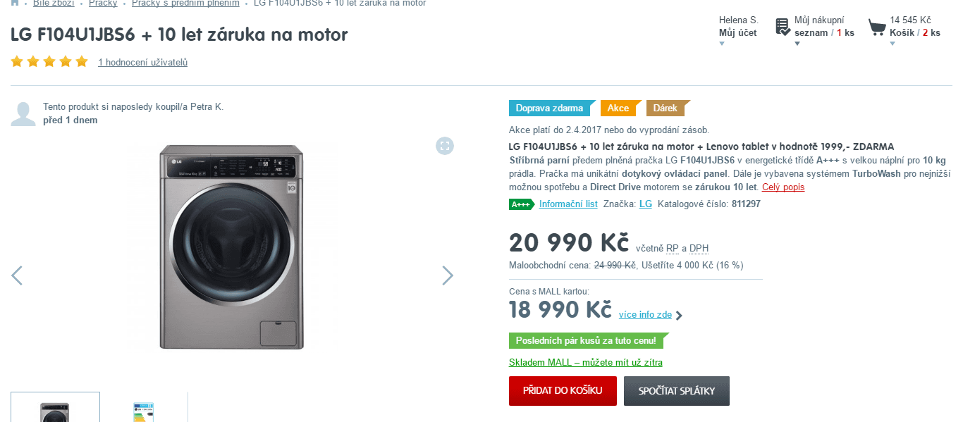 Parní pračka LG, 10kg, 1400 ot., A+++