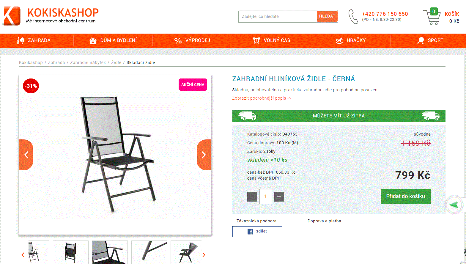 Zahradní polohovatelná hliníková židle