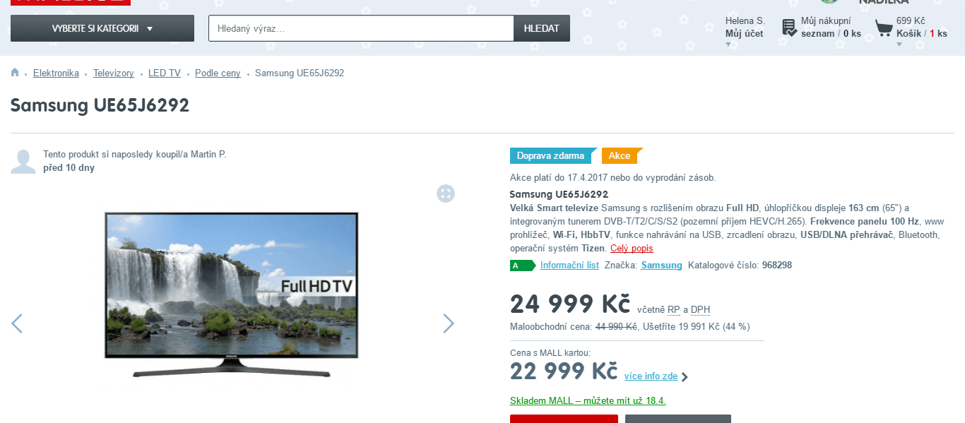 Full HD LED TV, Smart, 163 cm, Samsung