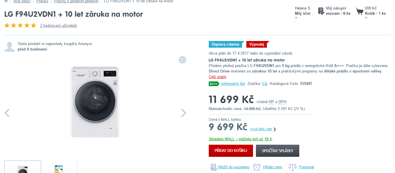 Pračka LG, 9kg, 1400 ot., NFC, A+++