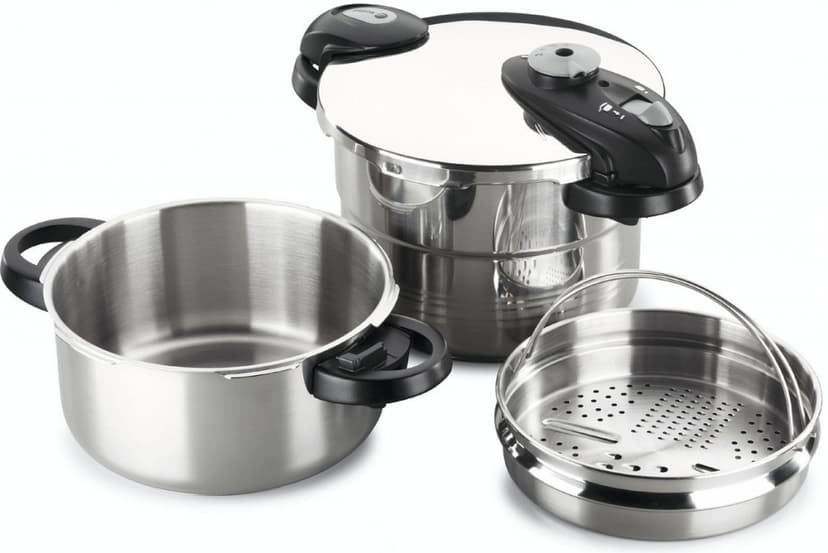 2 tlakové nádoby Fagor, 6+4 l. + pařák