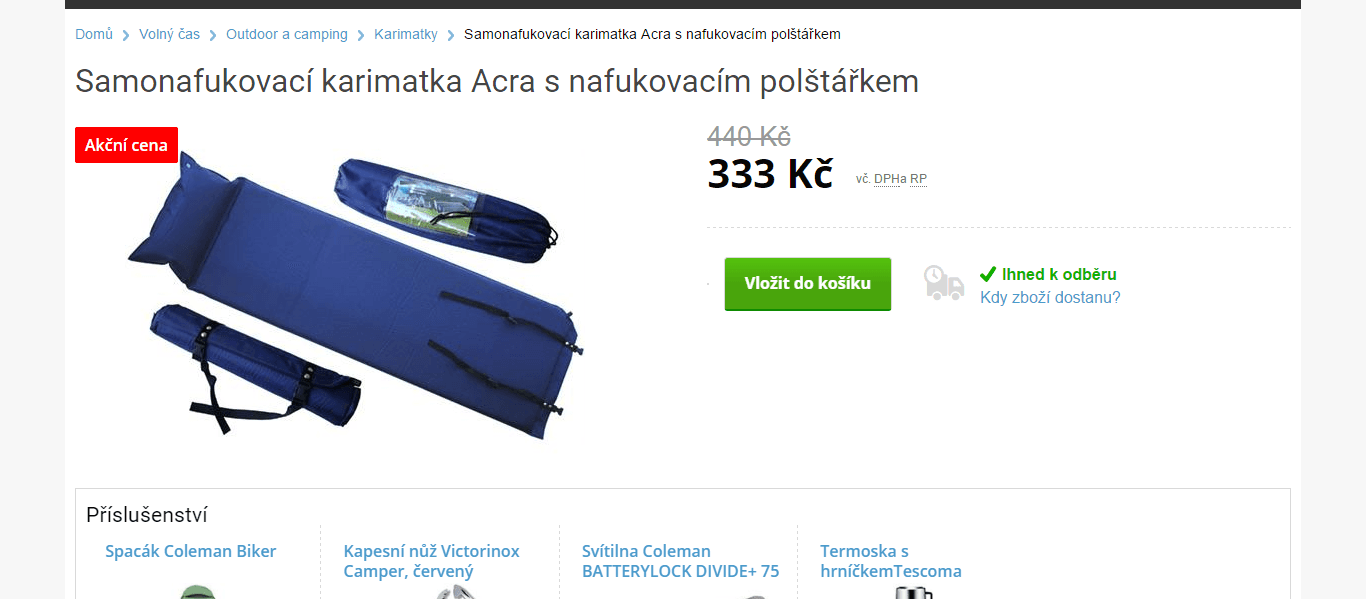 Samonafukovací karimatka s polštářem Acra