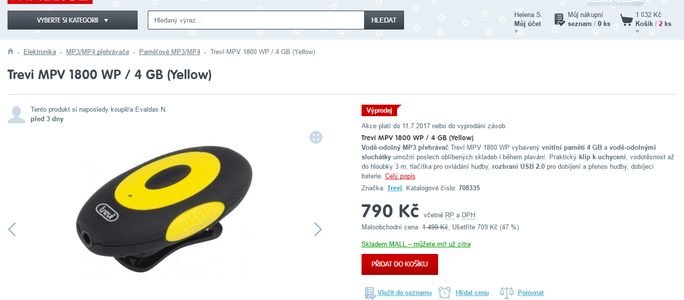 Voděodolný MP3 přehrávač Trevi - 4 GB