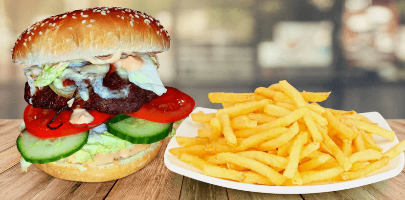 Burger s hovězím a čedarem a porce hranolků 