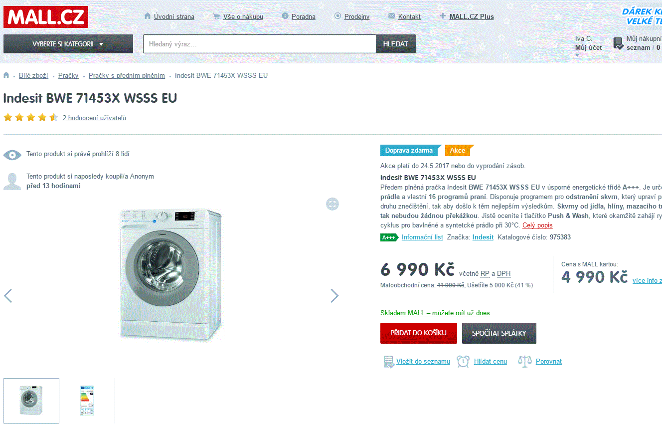 Pračka Indesit, 7kg, A+++, 1400 ot., 16 prog.