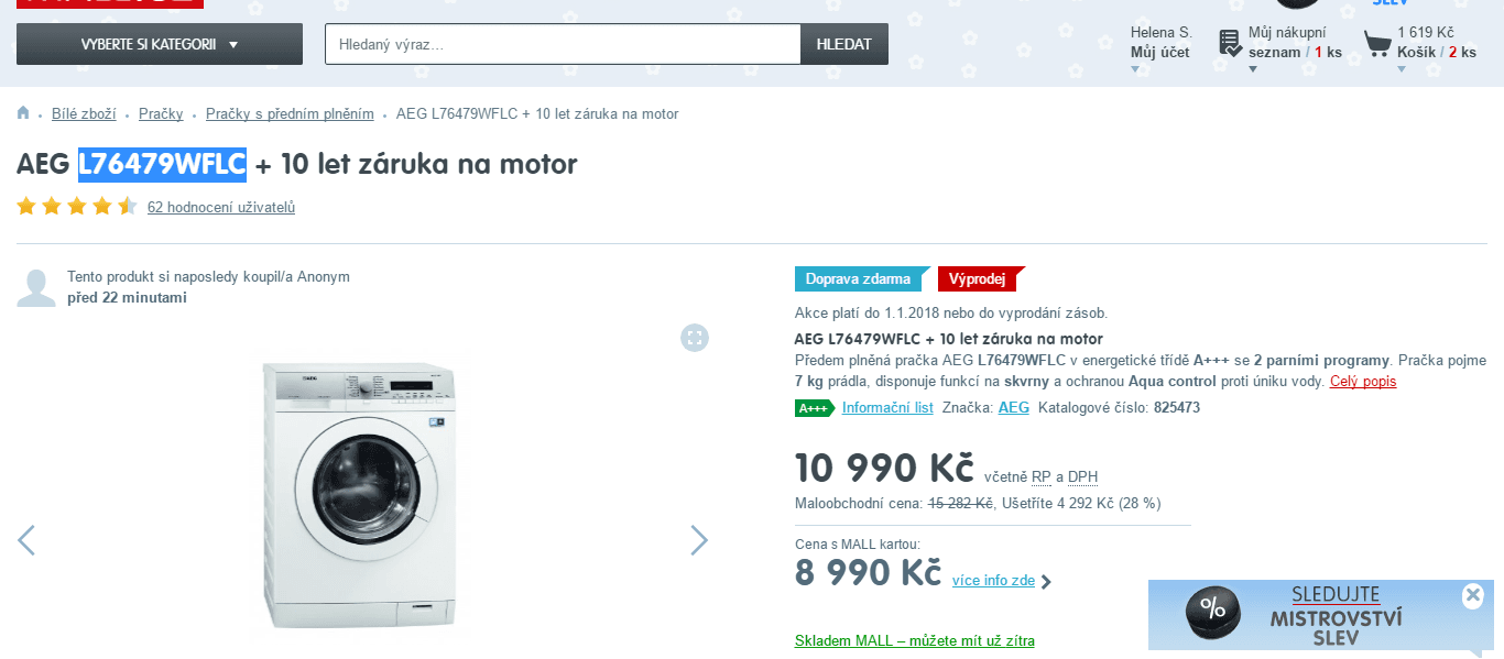 Pračka AEG, 7kg, 1400 ot., pára, A+++