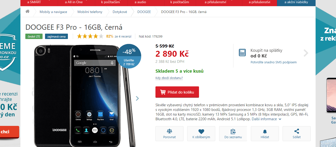Doogee, 8x 1,3GHz, 3GB RAM, 5", LTE