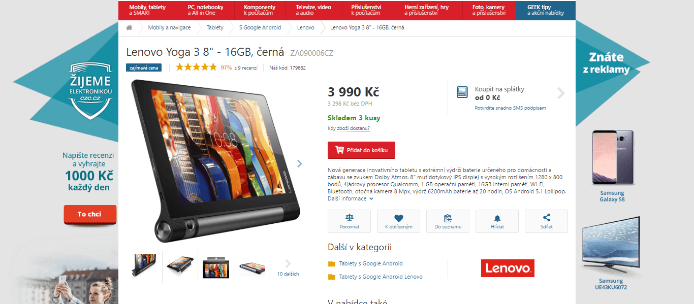 Tablet Lenovo Yoga 3, 4x 1,1GHz, 1GB RAM, 8"