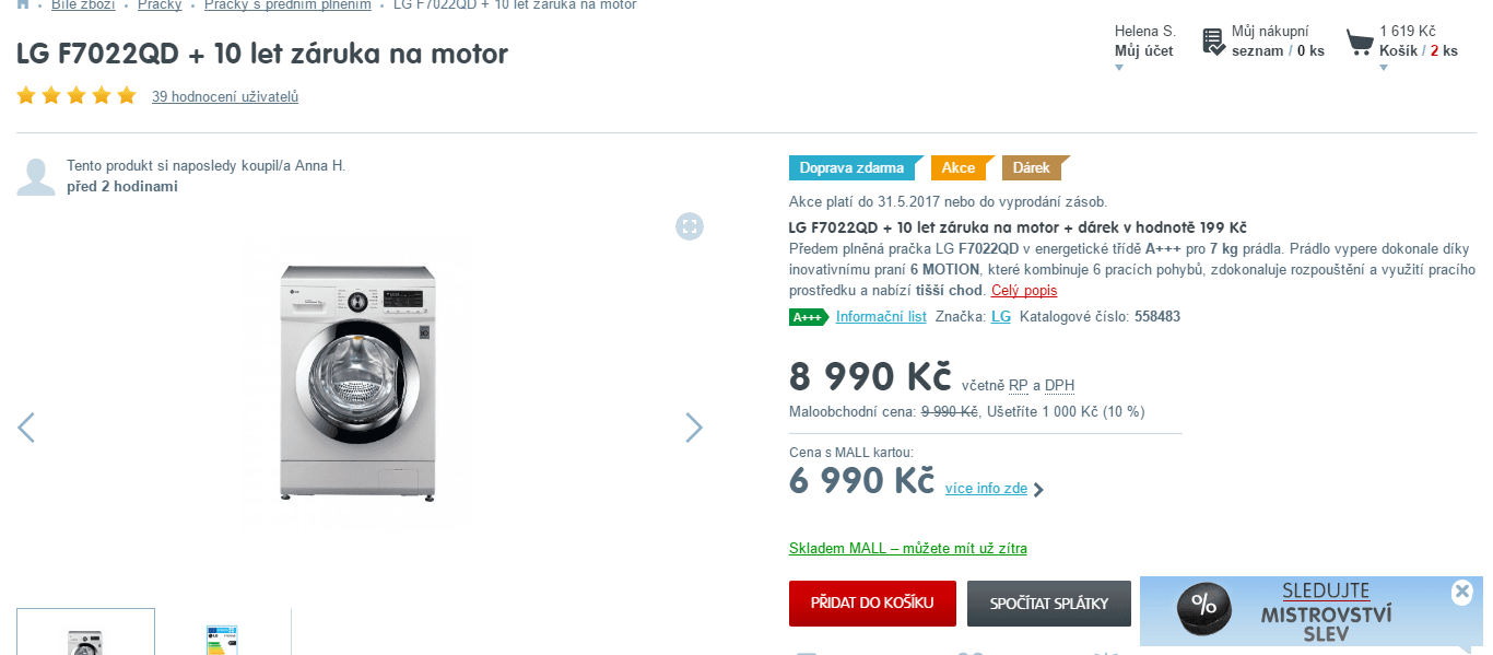 Pračka LG, 7 kg, 1000 ot., A+++ 