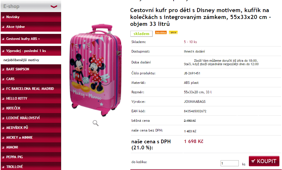 Dětský kufr, plast, kolečka, 55cm