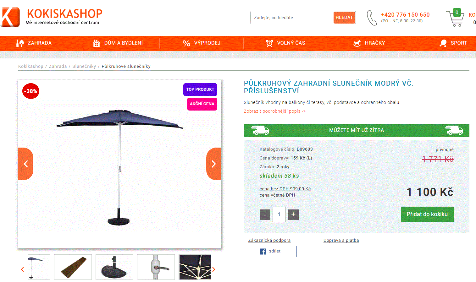 Slunečník modrý půlkruhový na balkon/terasu