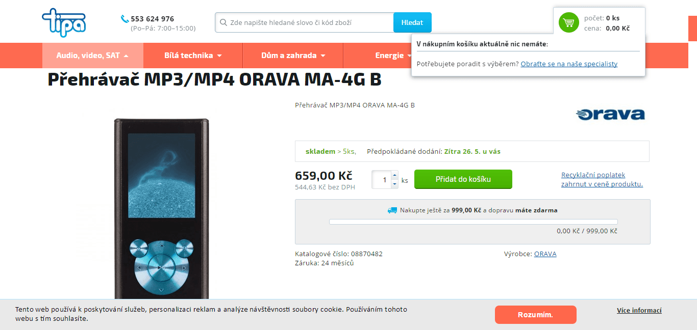 MP4 přehrávač Orava 16 GB
