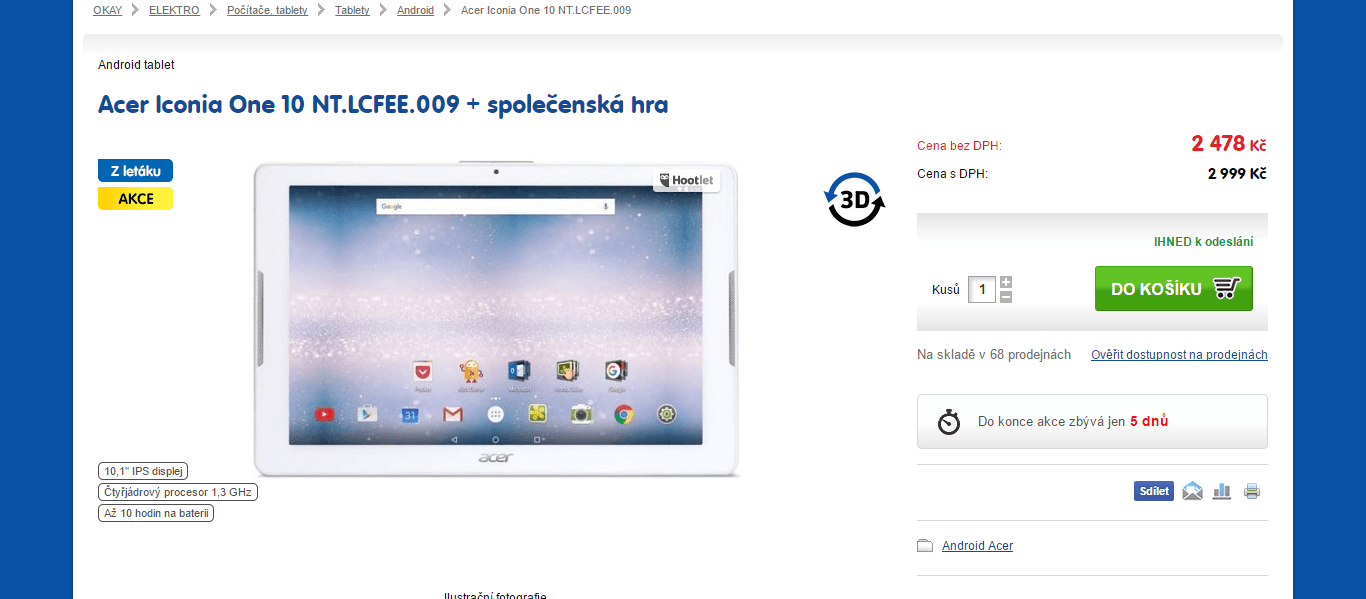 Tablet Acer, 4x 1,3GHz, 1GB RAM, 10"