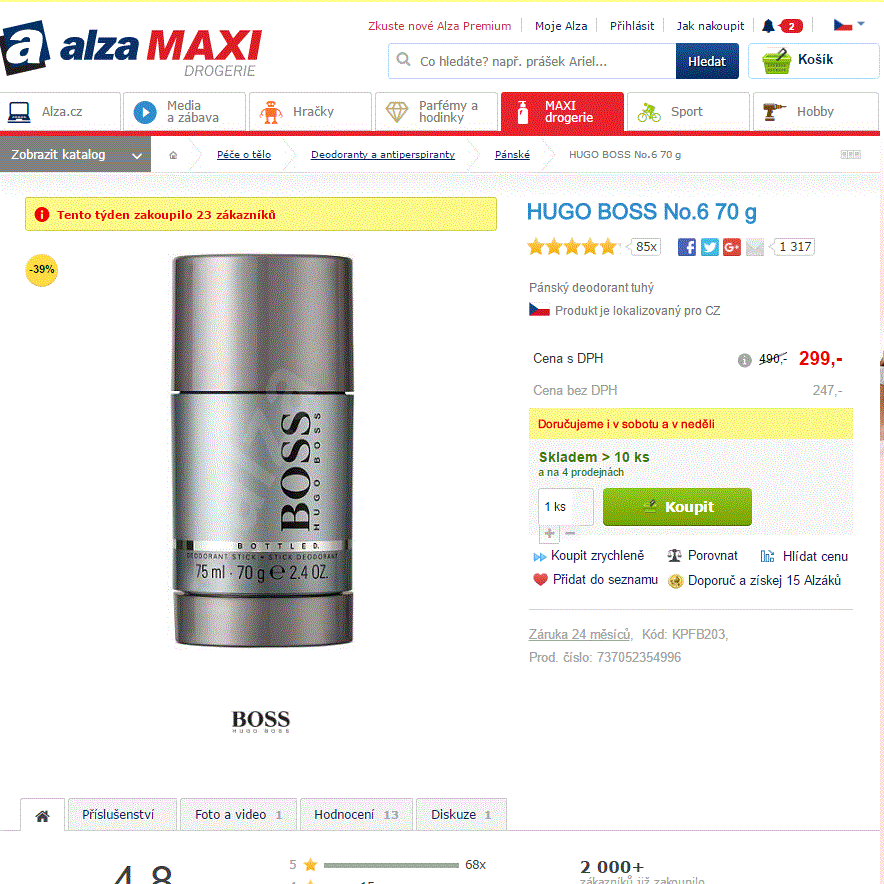 Hugo Boss No.6 deostick 75 ml