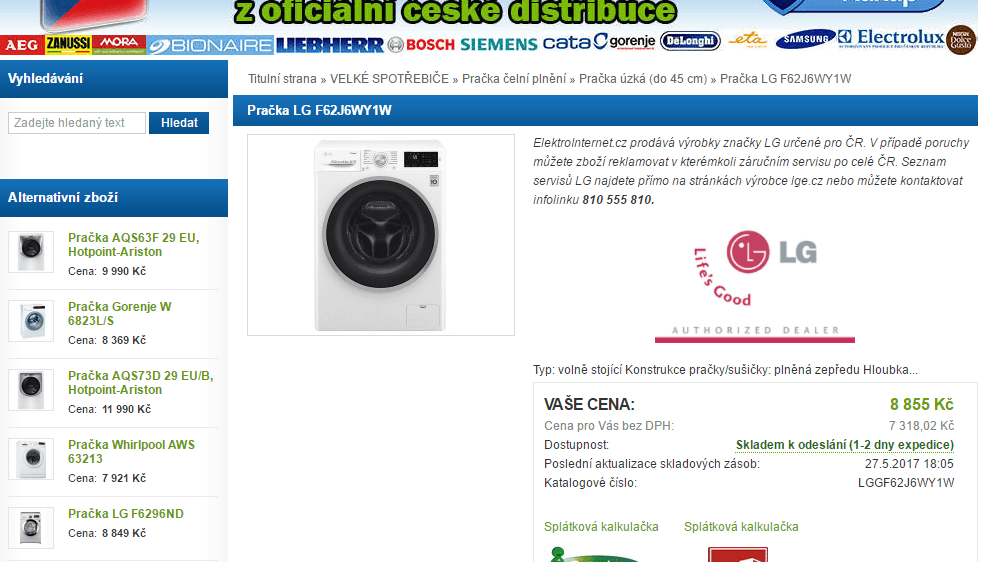 Pračka LG, 6,5kg, 1200 ot., pára, A+++