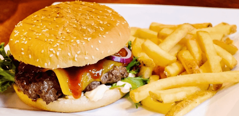 Hovězí nebo kuřecí burger s domácími hranolky