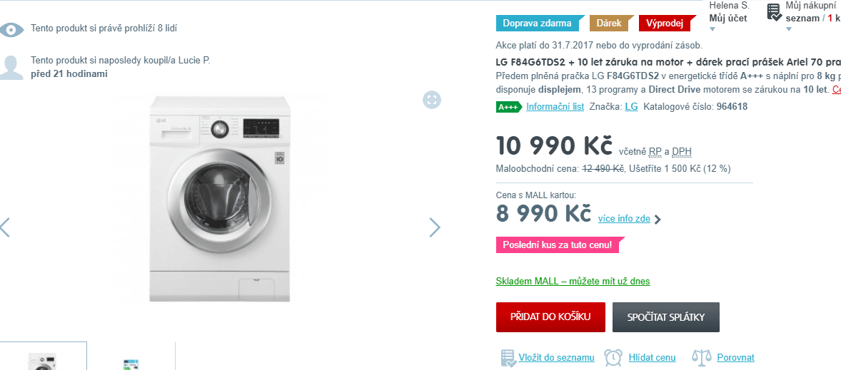 Pračka LG, 8kg, 1400 ot., pára, A+++