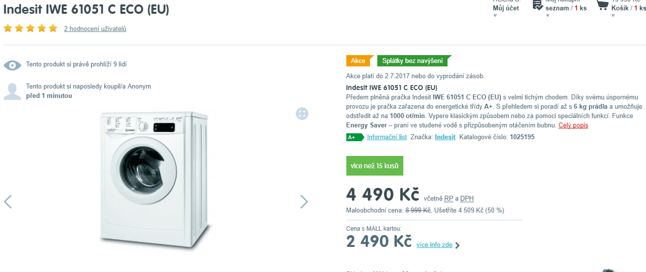 Pračka Indesit, 6kg, 1000 ot., A+