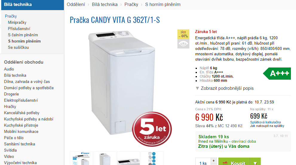 Pračka Candy, 6kg, 1200 ot., A+++