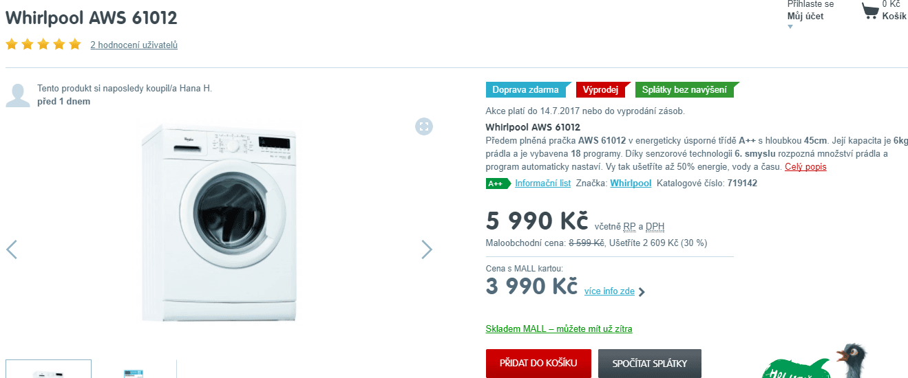Pračka Whirlpool, 6kg, 1000 ot., 45cm, A++