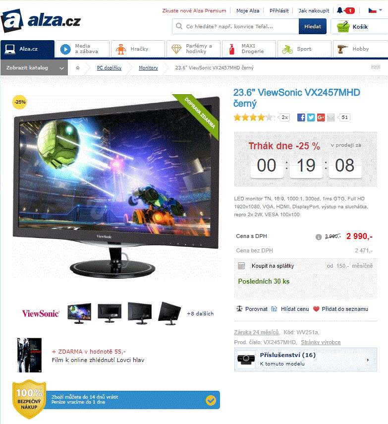 Monitor ViewSonic, LED, 23.6"
