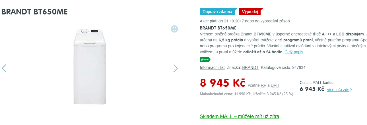 Pračka Brandt, 6,5kg, 1000 ot., A+++