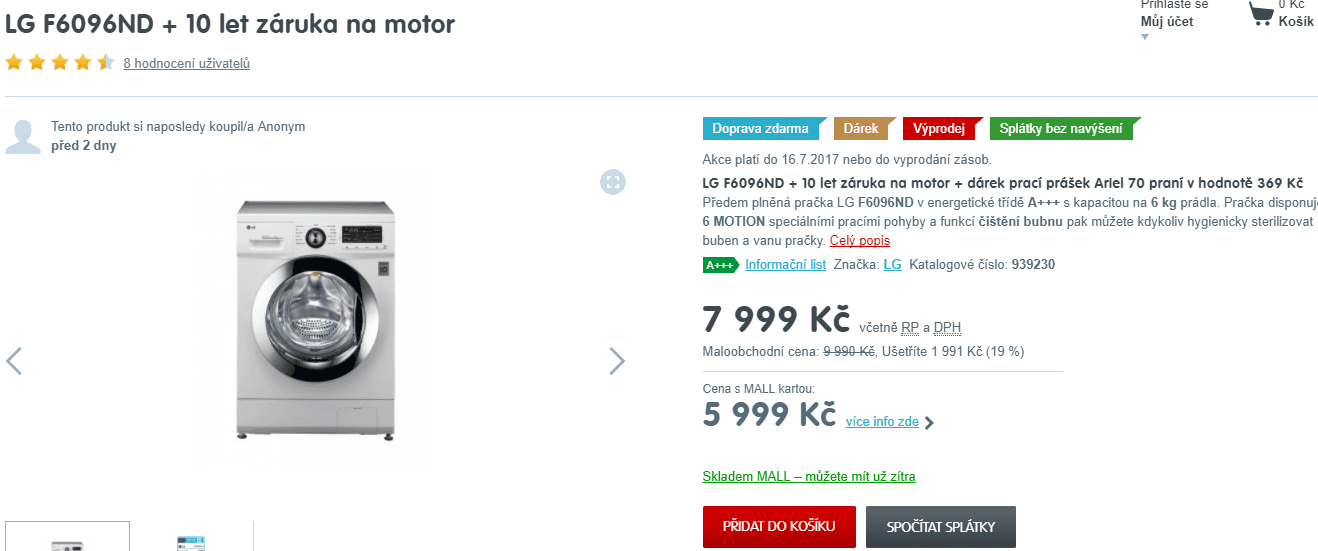 LG, 6kg, 1000 ot., 44 cm, A+++, DD motor