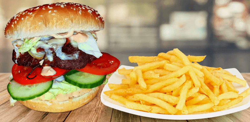 Šťavnatý burger z hovězího s čedarem + hranolky