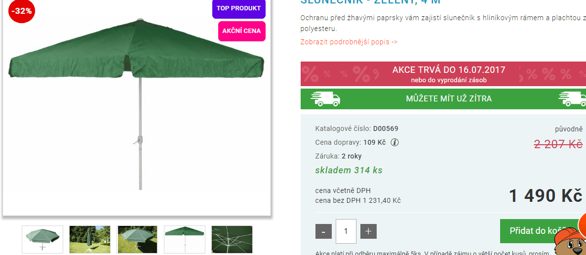 Slunečník, 4m průměr, výška 2,5m