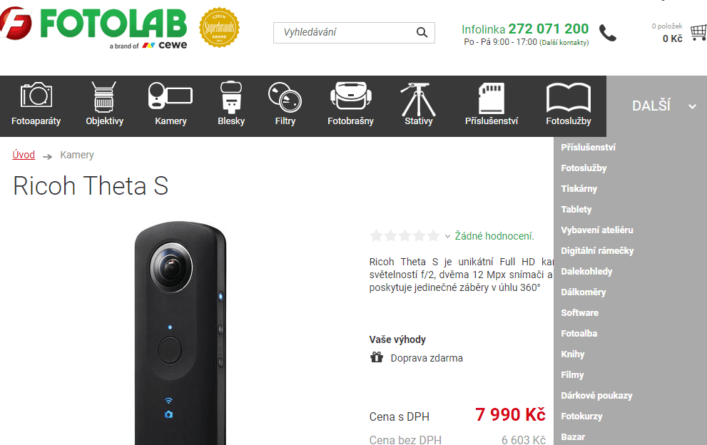 Ricoh Theta S 360°, wifi, 2x snímač