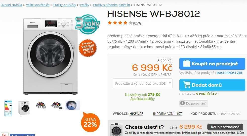 Pračka Hisense, 8kg, 1200 ot., A+++