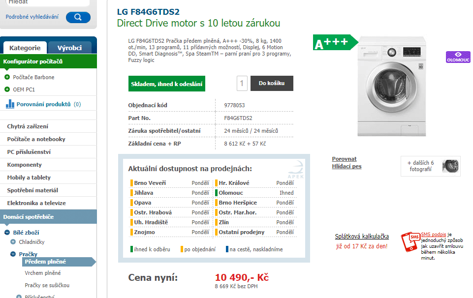 Pračka LG, 8kg, 1400 ot., pára, A+++