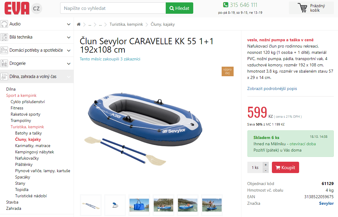 Nafukovací člun Sevylor, 2x1 metr