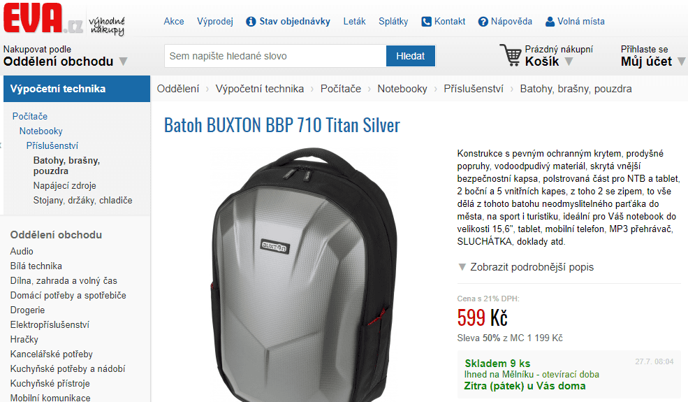 Pevný obal batoh Buxton, 15,6"