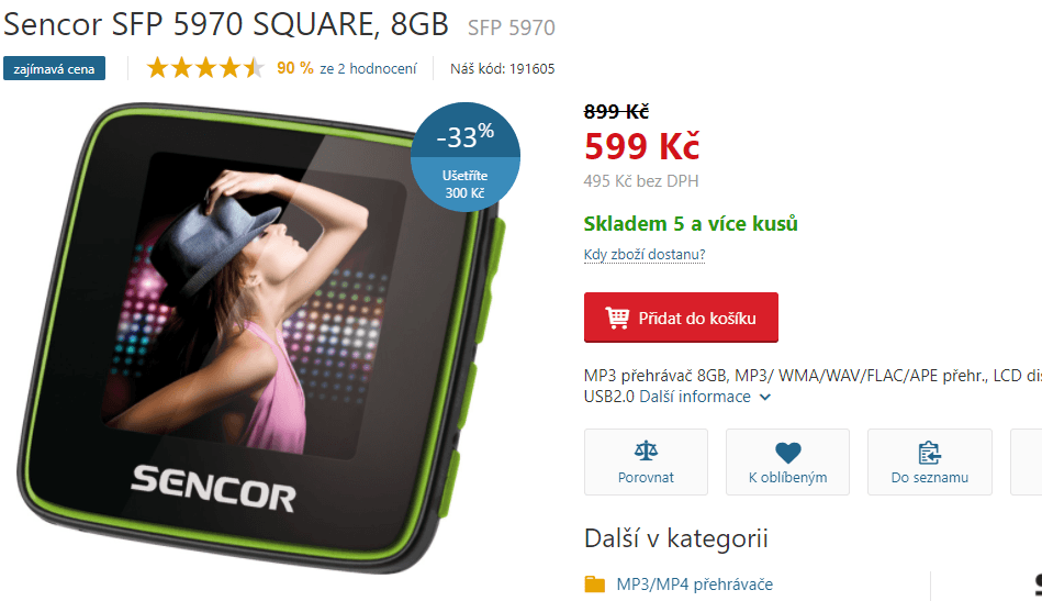 MP4 přehrávač Sencor, 8 GB, FM