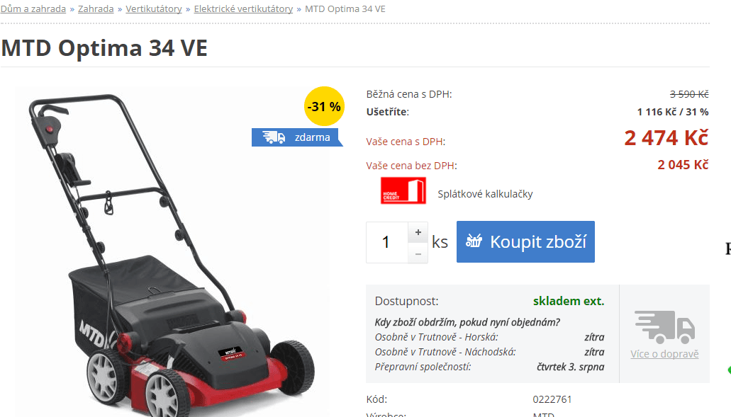 Elektrický vertikulátor MTD OPTIMA 34 VE.