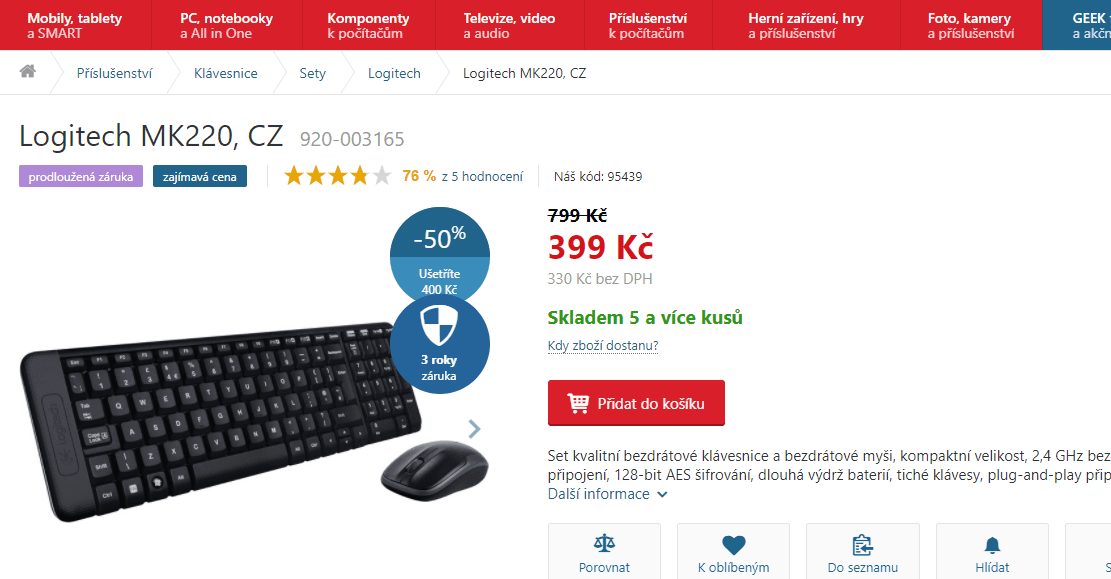 Bezdrátová klávesnice a myš Logitech 