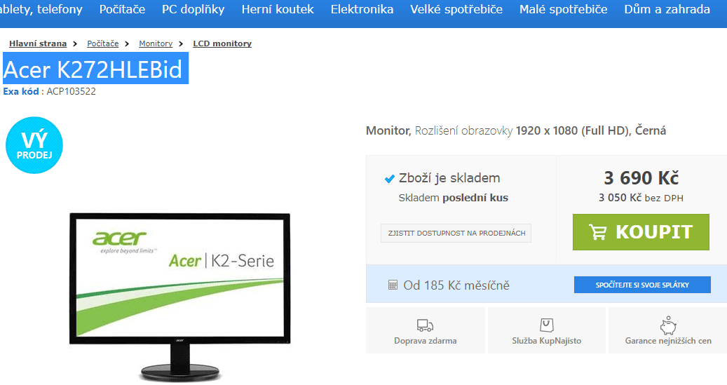 PC monitor Acer, full HD, 27"