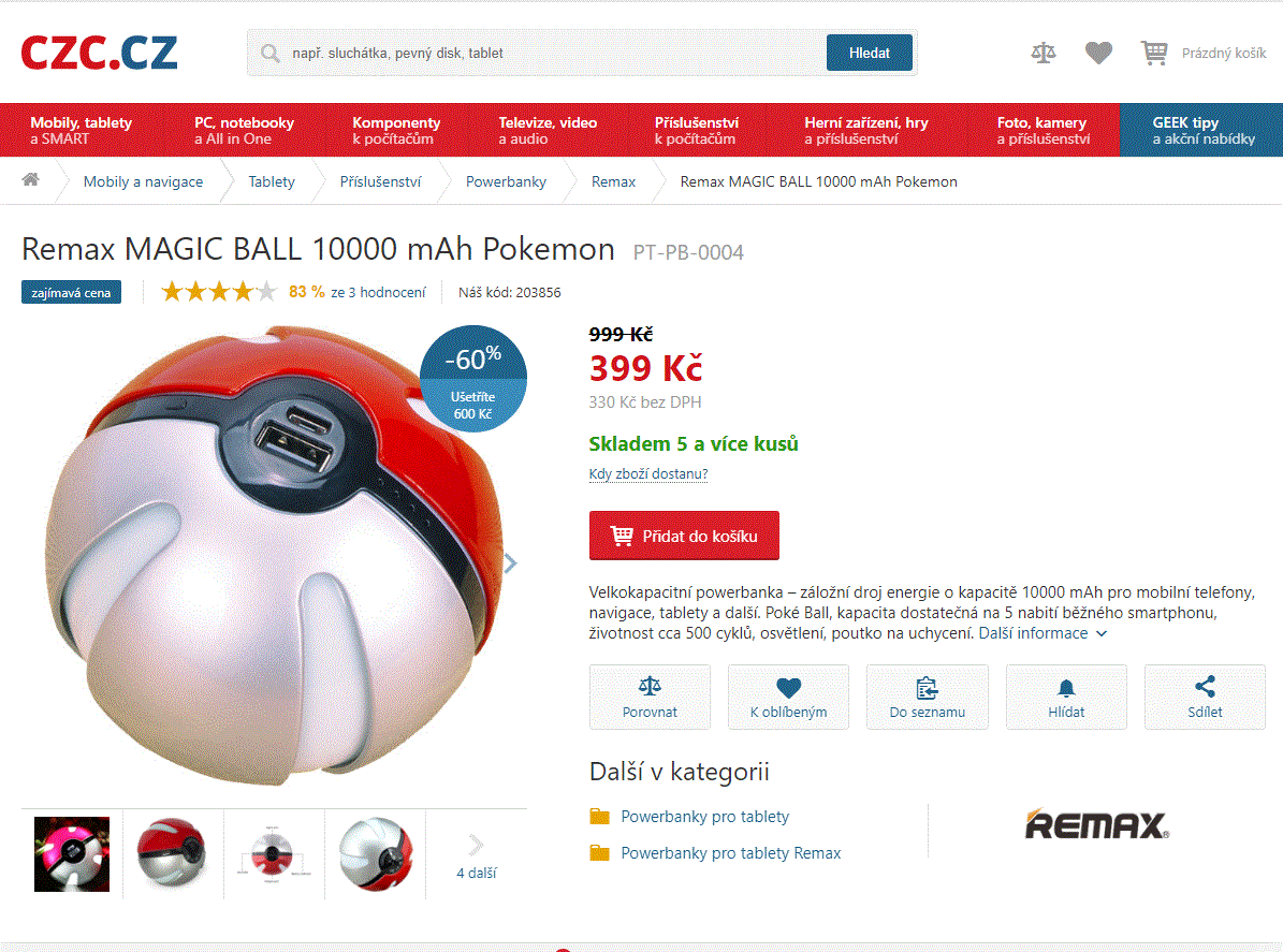 Powerbanka Remax Pokemon, 10 000 mAh
