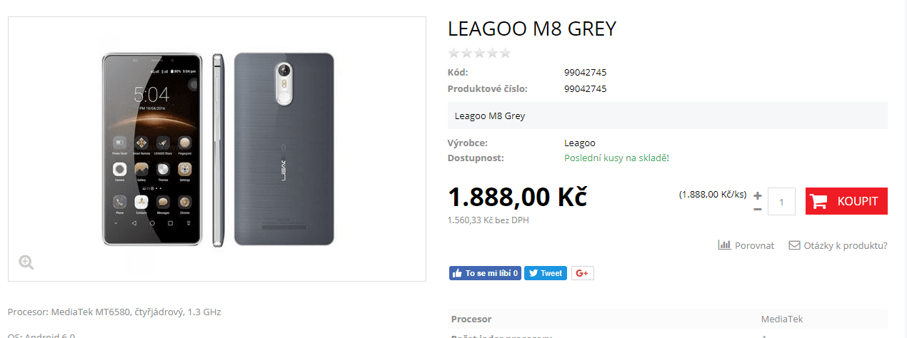 Leagoo M8, 4x 1,3GHz, 2GB RAM, 5,7"