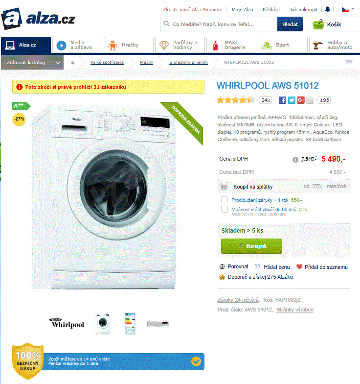 Whirlpool, 5kg, 1000 ot., A++