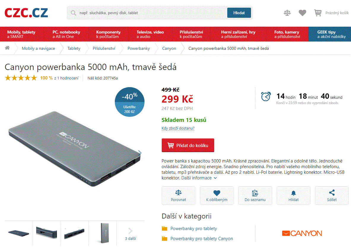 Canyon powerbanka 5000 mAh, tmavě šedá