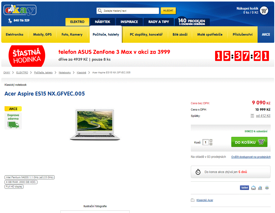 Acer, až 2,5GHz, 4GB RAM, 2TB, 15,6"