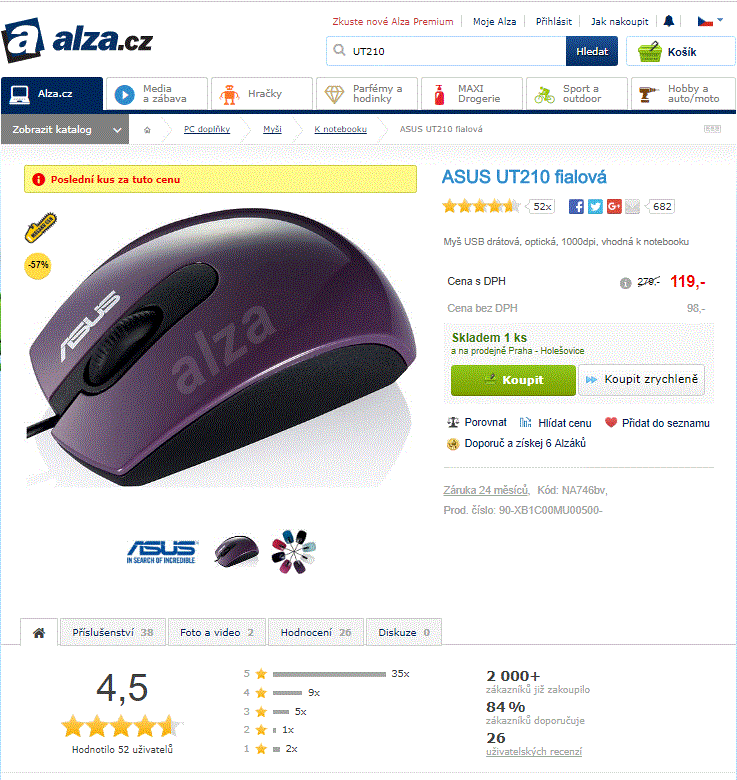 Drátová myš ASUS UT210 fialová