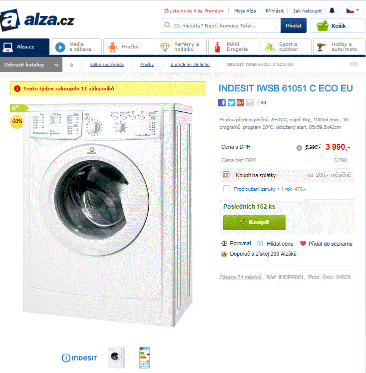 Pračka Indesit, 6kg, 1000 ot., A+