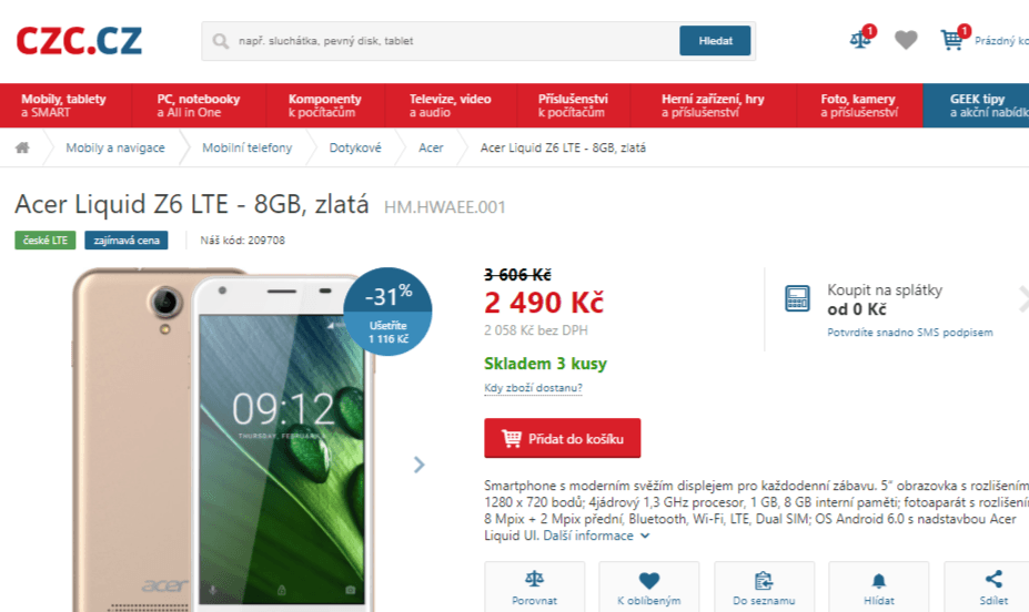 Acer, 4x 1,3GHz, 1GB RAM, 5", LTE