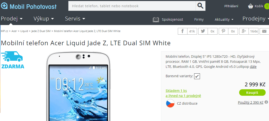 Acer, 4x 1,5GHz, 1GB RAM, 5", LTE