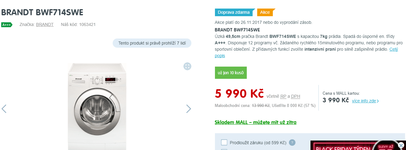 Pračka Brandt, 7kg, 1400 ot., A+++